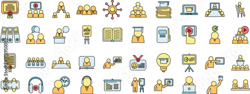 Staff training icons set outline vector. Work team. People training thin line color flat on white