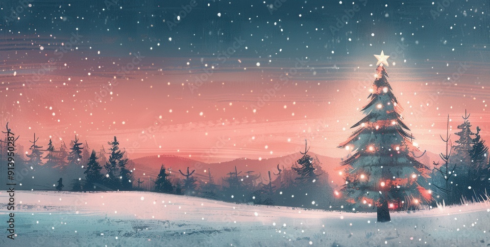 Christmas Eve and Winter Wonderland: A Decorated Xmas Tree in a Snowy Night Landscape - Perfect for Holiday Banners and Templates Christmas Eve and Winter Wonderland: A Decorated Xmas Tree in a Snowy Night Landscape - Perfect for Holiday Banners and Templates
