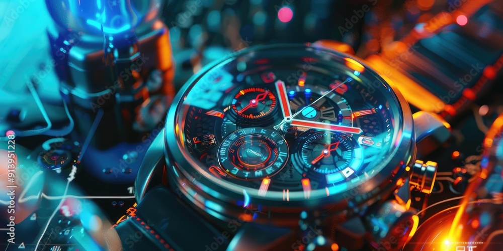 Fototapeta premium A close-up of a futuristic watch with blue and red