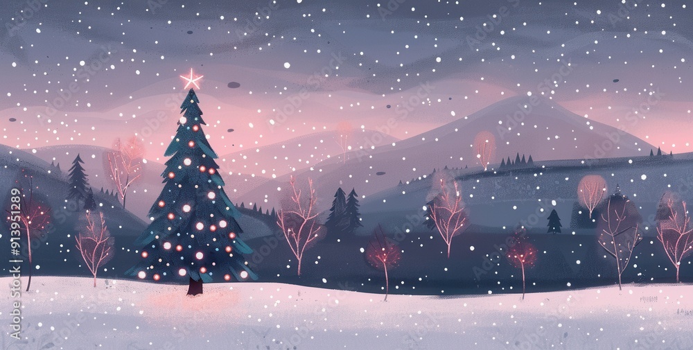Fototapeta premium Christmas Eve and Winter Wonderland: A Decorated Xmas Tree in a Snowy Night Landscape - Perfect for Holiday Banners and Templates