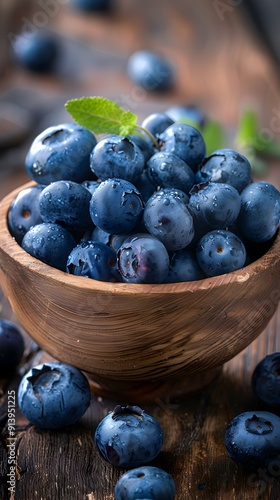 Wallpaper Mural Fresh Blueberries in Rustic Wooden Bowl on Farmhouse Table with Scattered Berries Torontodigital.ca