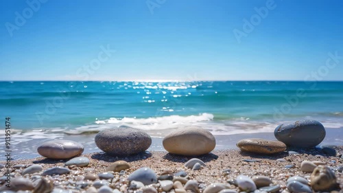 Tranquil beach scene with calm waves and pebbles photo