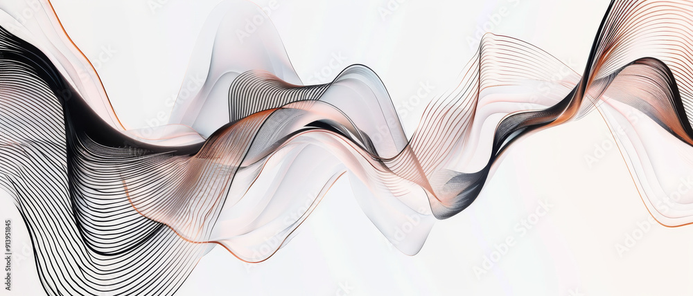 Fluid, abstract lines in soft hues of black and beige sweep across a ...