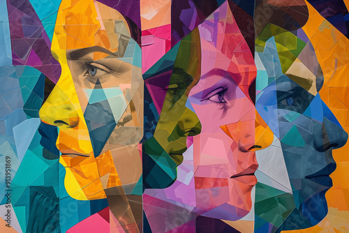 Vibrant abstract double portrait with geometric patterns and bold colors symbolizing modern relationships and artistic expression.