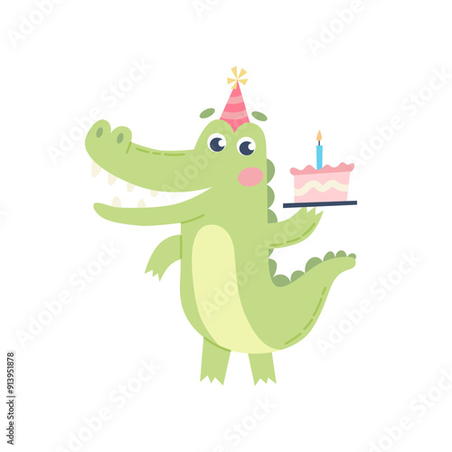 Cute crocodile for children. Birthday greetings, cake and party hat. Vector illustration