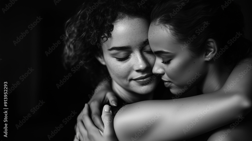 Two women embracing in a warm hug , clean dark backdrop, black and white Two women embracing in a warm hug , clean dark backdrop, black and white