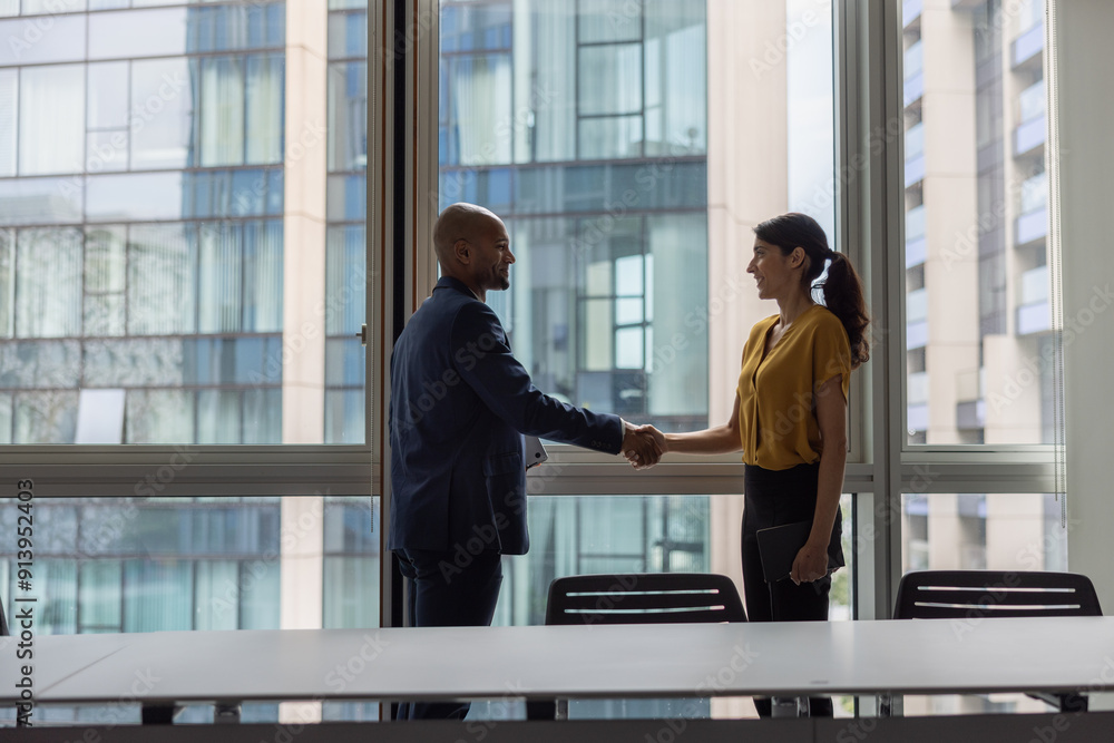 Business persons handshake in a modern office with views of buildings Business persons handshake in a modern office with views of buildings