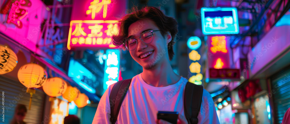 Obraz premium A young man smiling with a smartphone, standing under vibrant neon signs and lanterns in an urban night scene, creating a lively and colorful atmosphere.