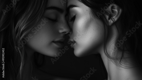 Two women standing close, foreheads touching gently , clean dark backdrop, black and white