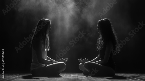 Two women sitting cross-legged on the floor, facing each other , clean dark backdrop, black and white