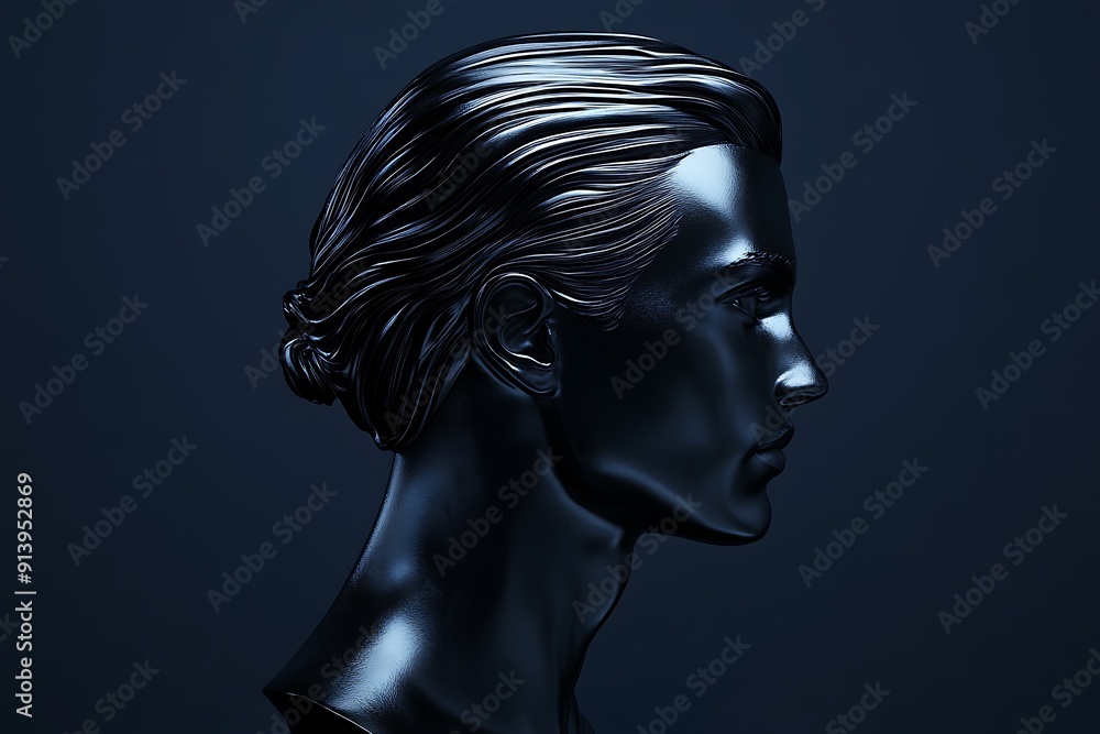 Elegant Slicked-Back Hair Portrait in Chiaroscuro Style on Dark Blue Background Elegant Slicked-Back Hair Portrait in Chiaroscuro Style on Dark Blue Background