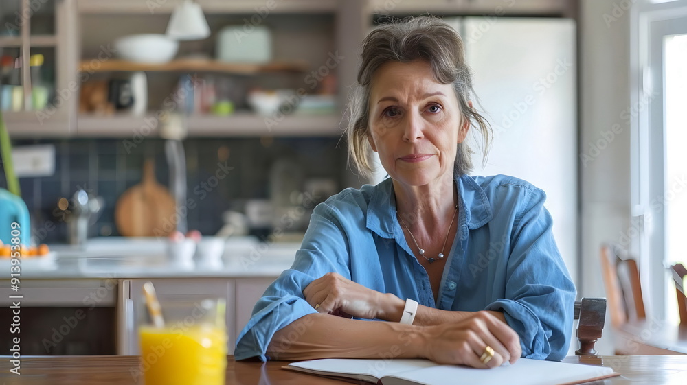 Mature Woman Kitchen Table Contemplative Morning Routine Mature Woman Kitchen Table Contemplative Morning Routine