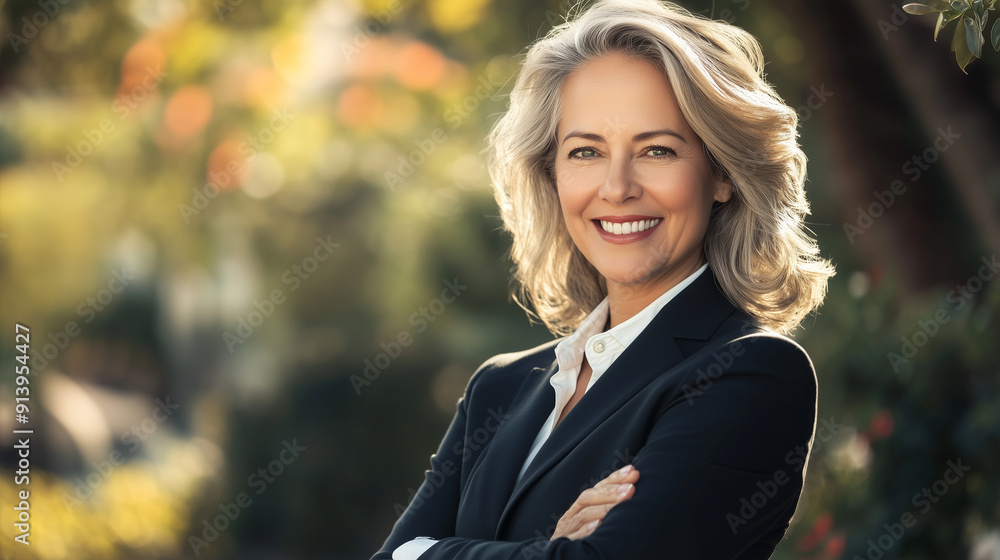 A smiling mature professional business woman in a tailored blazer, standing with her arms crossed , business leader, confidence, A smiling mature professional business woman in a tailored blazer, standing with her arms crossed , business leader, confidence,