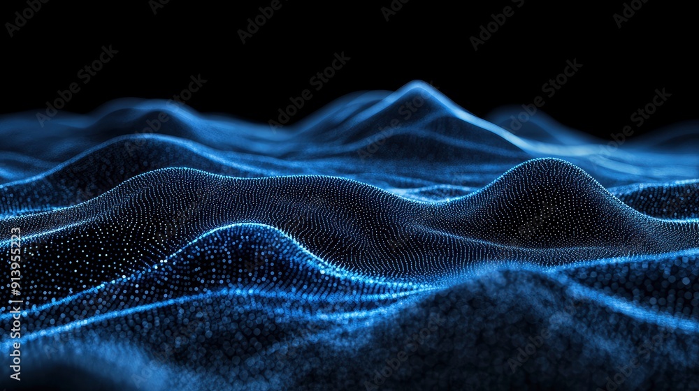 Image of horizontal lines of blue particles and undulating 3d landscape on black background. with generative ai Image of horizontal lines of blue particles and undulating 3d landscape on black background. with generative ai