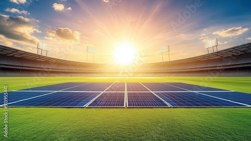 Cricket match under solar panels close up, focus on, copy space vibrant and sunny, Double exposure silhouette with solar power