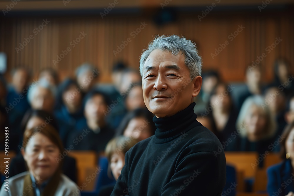 Smiling Senior Man in a Crowded Auditorium Smiling Senior Man in a Crowded Auditorium