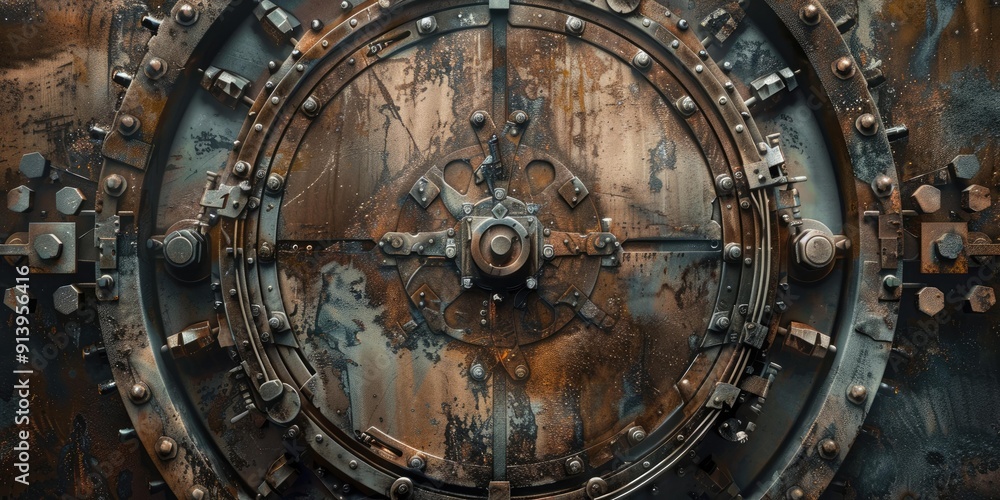 Rusty metal vault door with intricate details. Rusty metal vault door with intricate details.