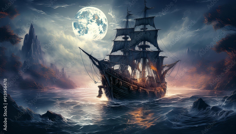Obraz premium A high-quality depiction of a pirate galleon from 1750 with black sails and golden cannons.