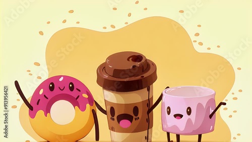 Coffee and sweet products Kawaii characters