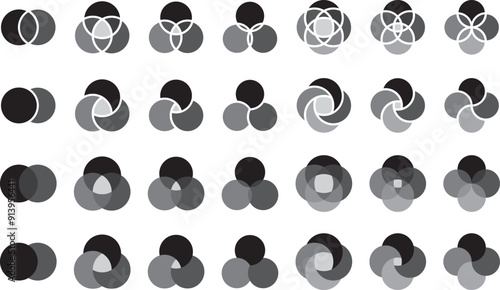 様々な形のベン図、円の重なりのベクターイラストセット