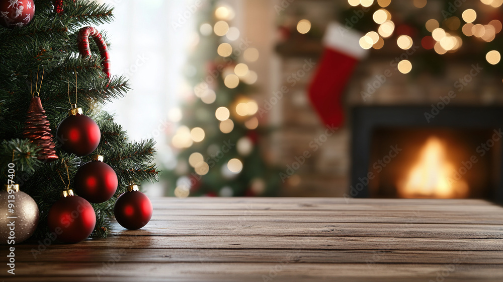 High resolution Christmas tree with red decorations on wooden table with stars and blurred fireplace with decorations and gifts in the background with shiny lights and bokeh effect High resolution Christmas tree with red decorations on wooden table with stars and blurred fireplace with decorations and gifts in the background with shiny lights and bokeh effect