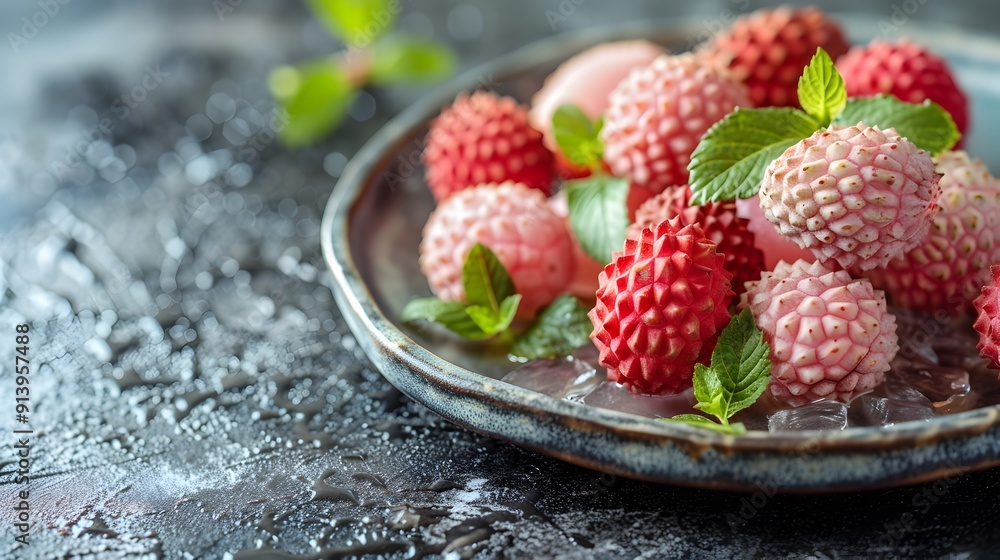Lychee Fruit on Plate with Peeled and Unpeeled Examples Tropical Delicacy Concept Lychee Fruit on Plate with Peeled and Unpeeled Examples Tropical Delicacy Concept