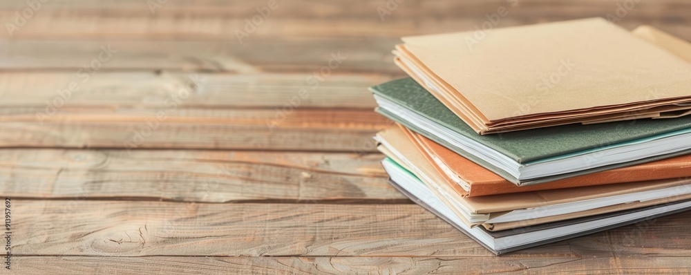 A stack of colorful folders arranged on a rustic wooden table, ideal for organizing documents at home, office, or school. A stack of colorful folders arranged on a rustic wooden table, ideal for organizing documents at home, office, or school.
