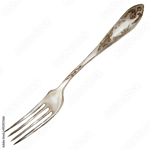 Fork watercolor. Silver cutlery hand drawn on isolated white background. Clip art of vintage fork made of nickel silver. Ideal for restaurant menu design and cookbooks