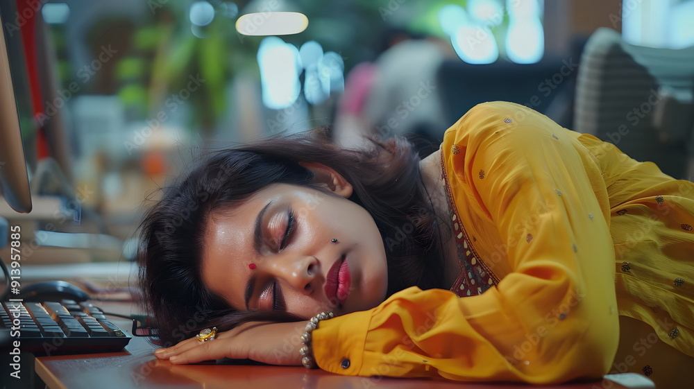 Obraz premium Woman Resting Office Traditional Attire Exhaustion Overwork Culture Elegance Serenity Indoor