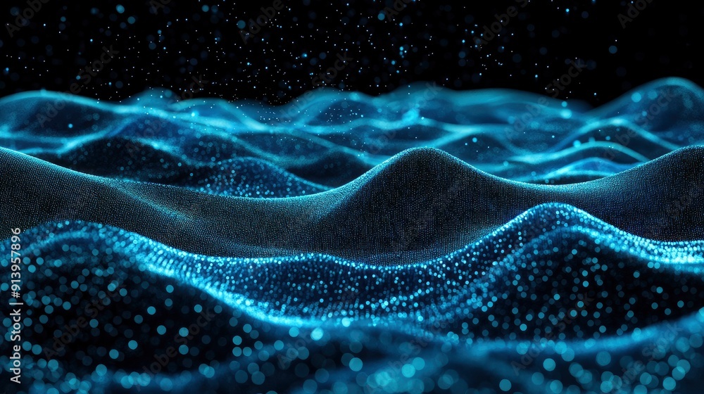 Image of horizontal lines of blue particles and undulating 3d landscape on black background. with generative ai Image of horizontal lines of blue particles and undulating 3d landscape on black background. with generative ai