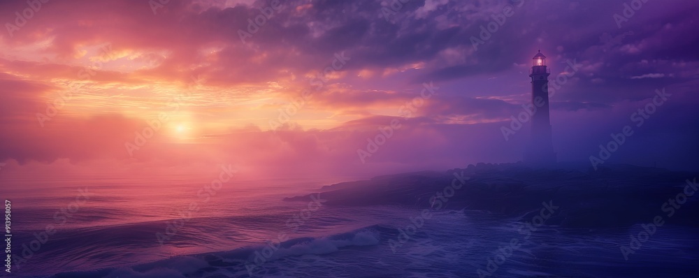 Fototapeta premium Colorful sunrise over a misty coastline with a lone lighthouse, 4K hyperrealistic photo