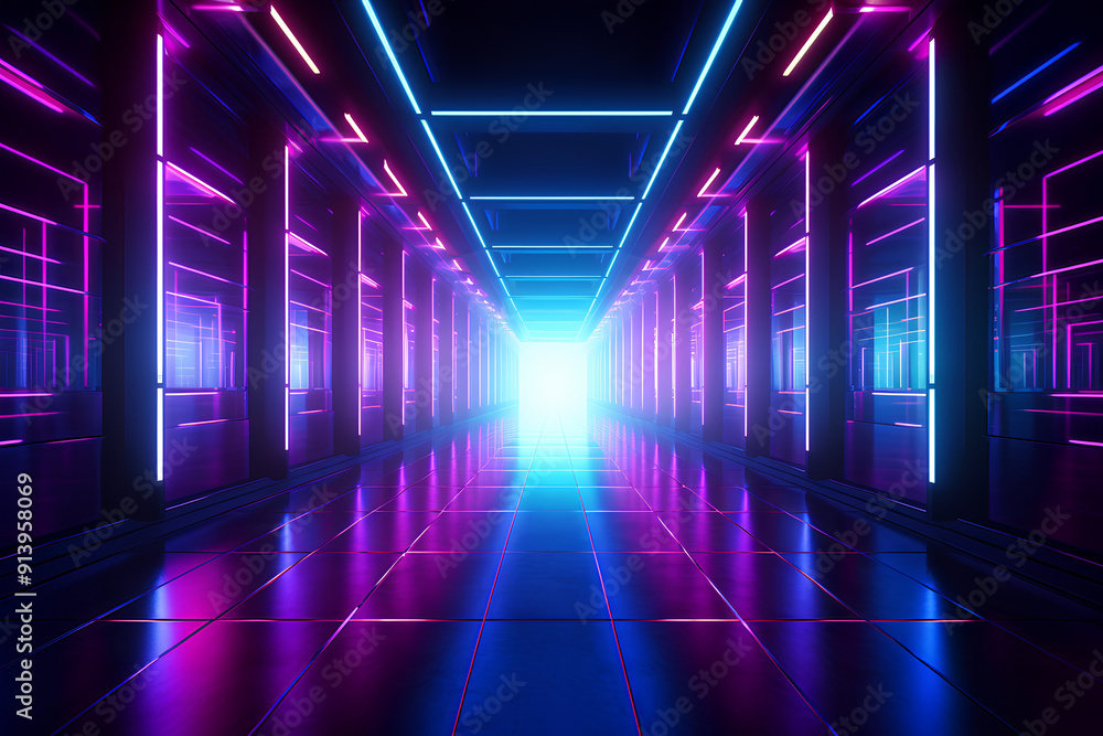 The modern neon corridor, creating the illusion of infinity and inviting to travel along light The modern neon corridor, creating the illusion of infinity and inviting to travel along light