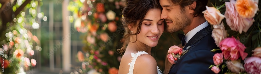 Elegant Wedding Ceremony of Bride and Groom under Floral Arch in Garden ...