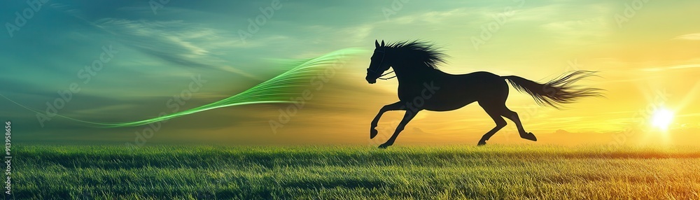 Horse racing at a green energy track close up, focus on, copy space swift and clean, Double exposure silhouette with wind energy Horse racing at a green energy track close up, focus on, copy space swift and clean, Double exposure silhouette with wind energy