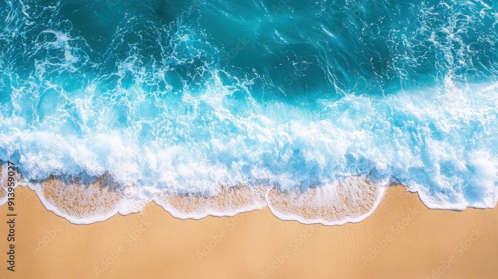 Obraz premium Blue wave on sandy beach backdrop 
