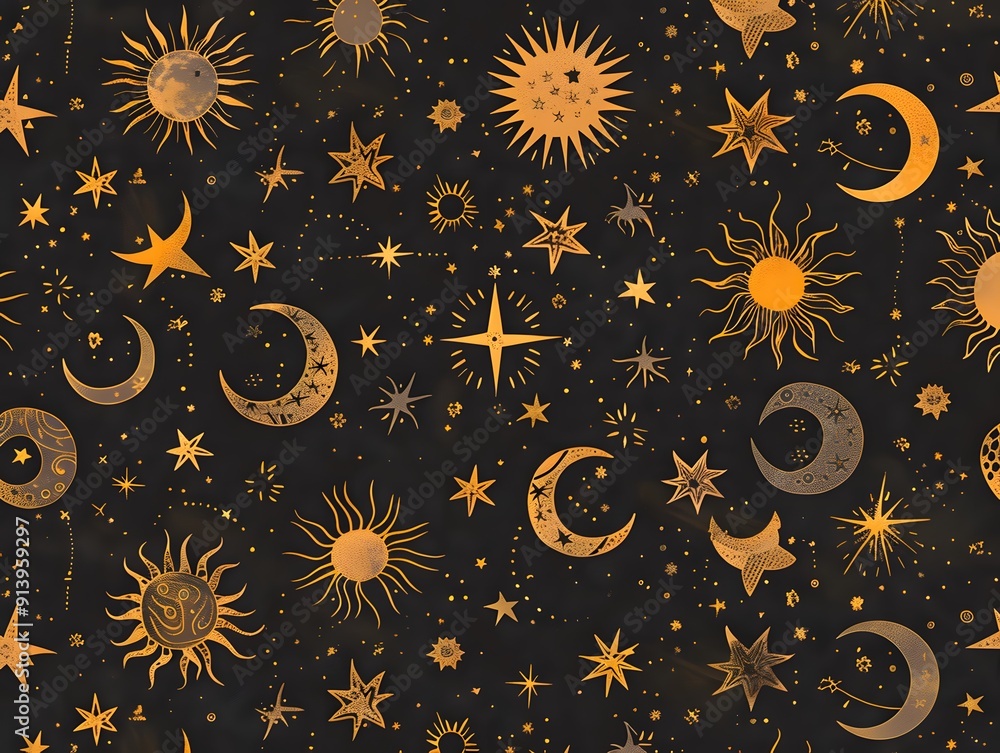 Celestial pattern with suns moons and stars on a dark background Celestial pattern with suns moons and stars on a dark background