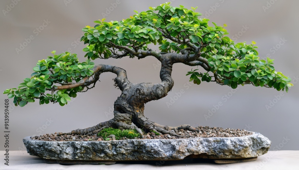 A bonsai in style, with roots gracefully embracing a stone A bonsai in style, with roots gracefully embracing a stone