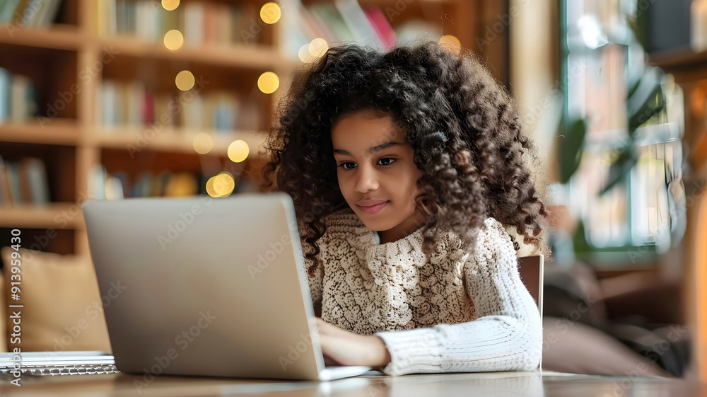 Young Girl Engaged Online Learning Laptop Library Young Girl Engaged Online Learning Laptop Library