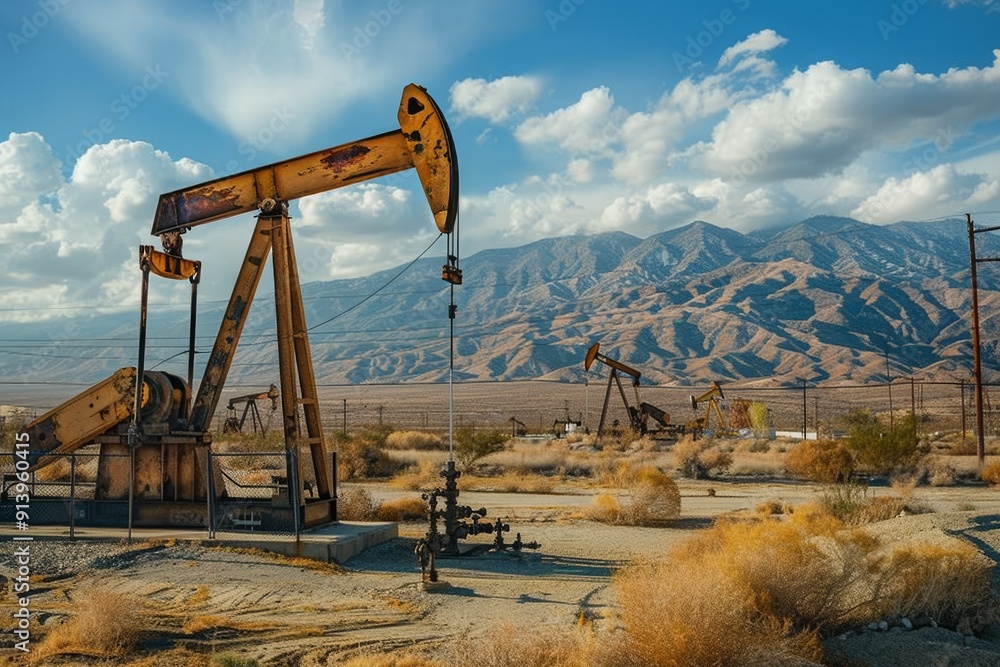 Fototapeta premium Oil Pumpjacks in a Desert Landscape