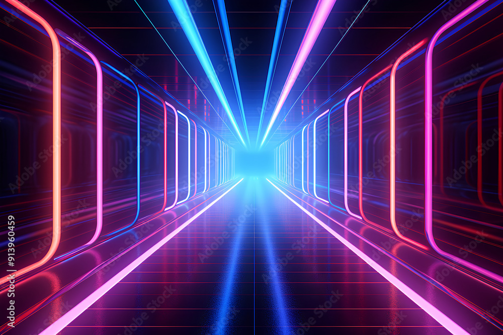The modern neon corridor, creating the illusion of infinity and inviting to travel along light The modern neon corridor, creating the illusion of infinity and inviting to travel along light