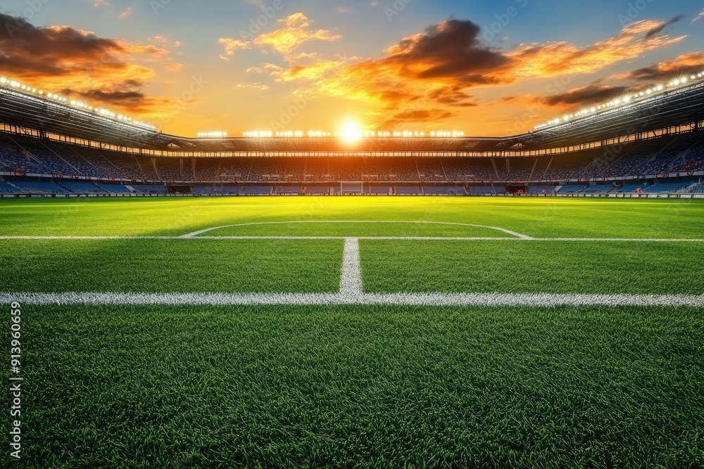 Impressive soccer stadium prepared for the evening match. Football stadium field view. Professional sports background for advertisement with generative ai Impressive soccer stadium prepared for the evening match. Football stadium field view. Professional sports background for advertisement with generative ai
