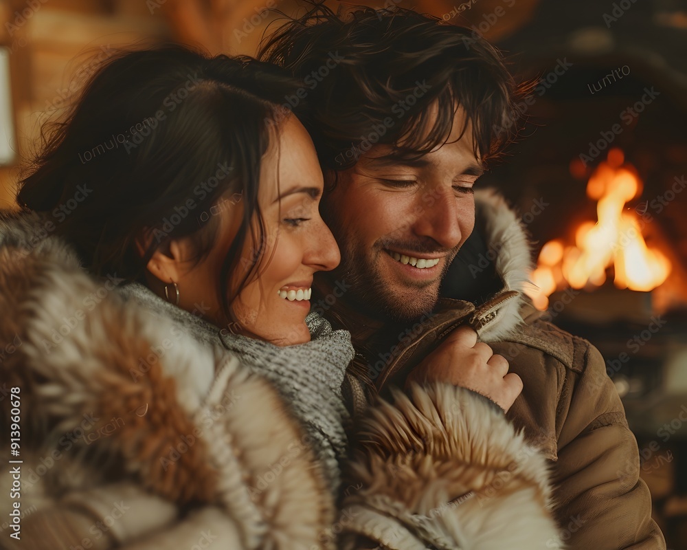 Cozy Cabin Couple Embracing by the Fireplace Pre Wedding Concept Cozy Cabin Couple Embracing by the Fireplace Pre Wedding Concept
