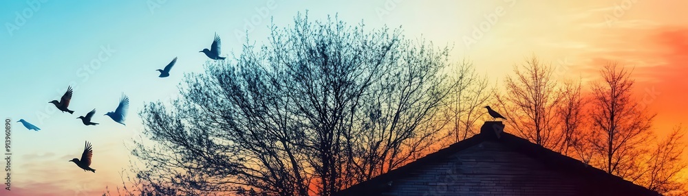 Urban rooftop, trees, birds close up, focus on, copy space vibrant, lively colors Double exposure silhouette with birds Urban rooftop, trees, birds close up, focus on, copy space vibrant, lively colors Double exposure silhouette with birds