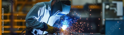 Welding in factory, focus on, copy space, bright hues, double exposure silhouette with sparks photo