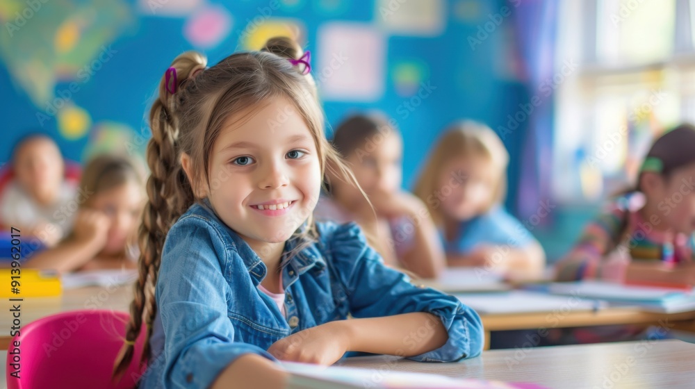 A cheerful girl in pigtails sits at a classroom desk, with classmates and colorful decorations in the background. A cheerful girl in pigtails sits at a classroom desk, with classmates and colorful decorations in the background.