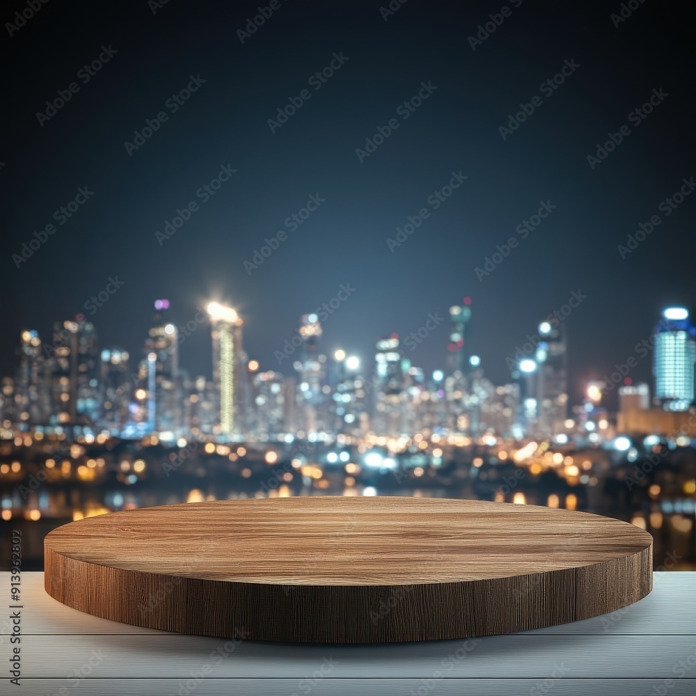 Empty wooden round table with blurred city lights background at night. Perfect for product display or montage. Empty wooden round table with blurred city lights background at night. Perfect for product display or montage.