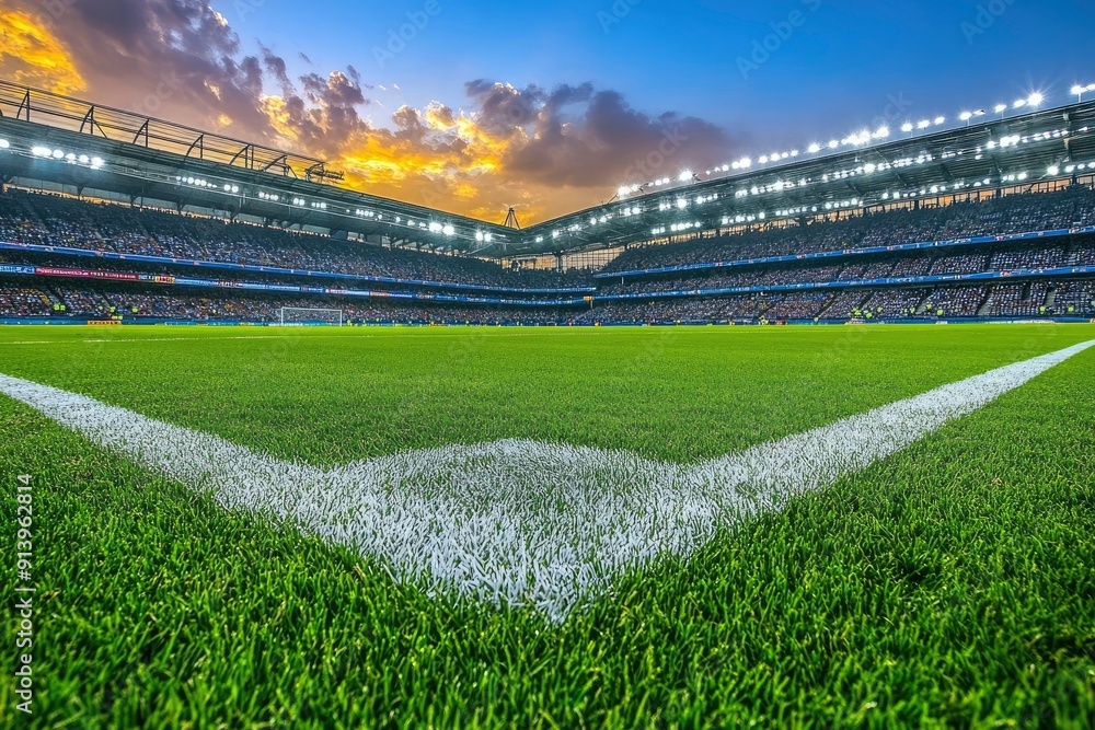 Obraz premium Impressive soccer stadium prepared for the evening match. Football stadium field view. Professional sports background for advertisement with generative ai