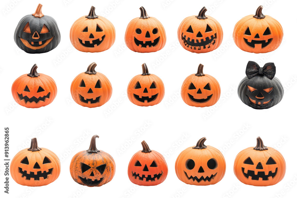 Collection of jack-o'-lanterns with various facial expressions, isolated on a white background. Perfect for Halloween decorations and festive themes. Collection of jack-o'-lanterns with various facial expressions, isolated on a white background. Perfect for Halloween decorations and festive themes.