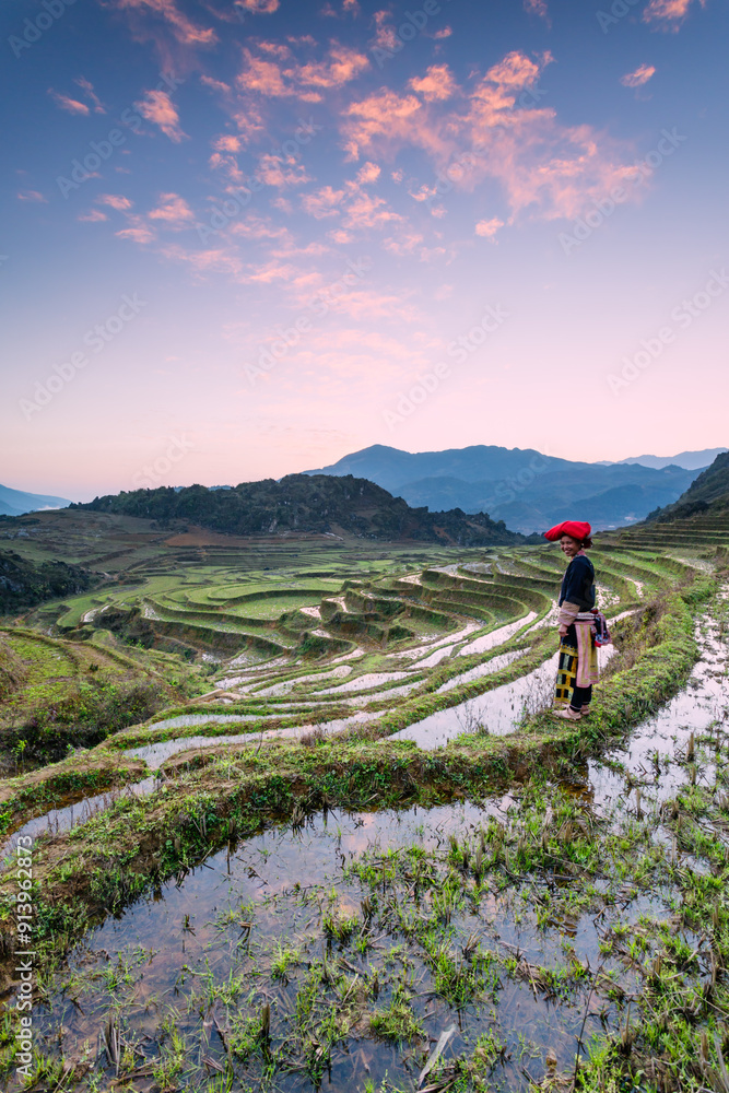 Woman wearing traditional clothes from Red Dao tribe at the rice field at sunrise, Sapa, Vietnam Woman wearing traditional clothes from Red Dao tribe at the rice field at sunrise, Sapa, Vietnam