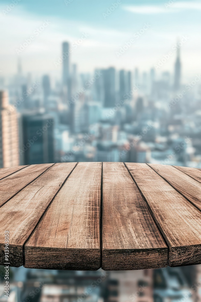 Empty wooden table top with blurry city skyline background. Perfect for product display or mockups. Empty wooden table top with blurry city skyline background. Perfect for product display or mockups.